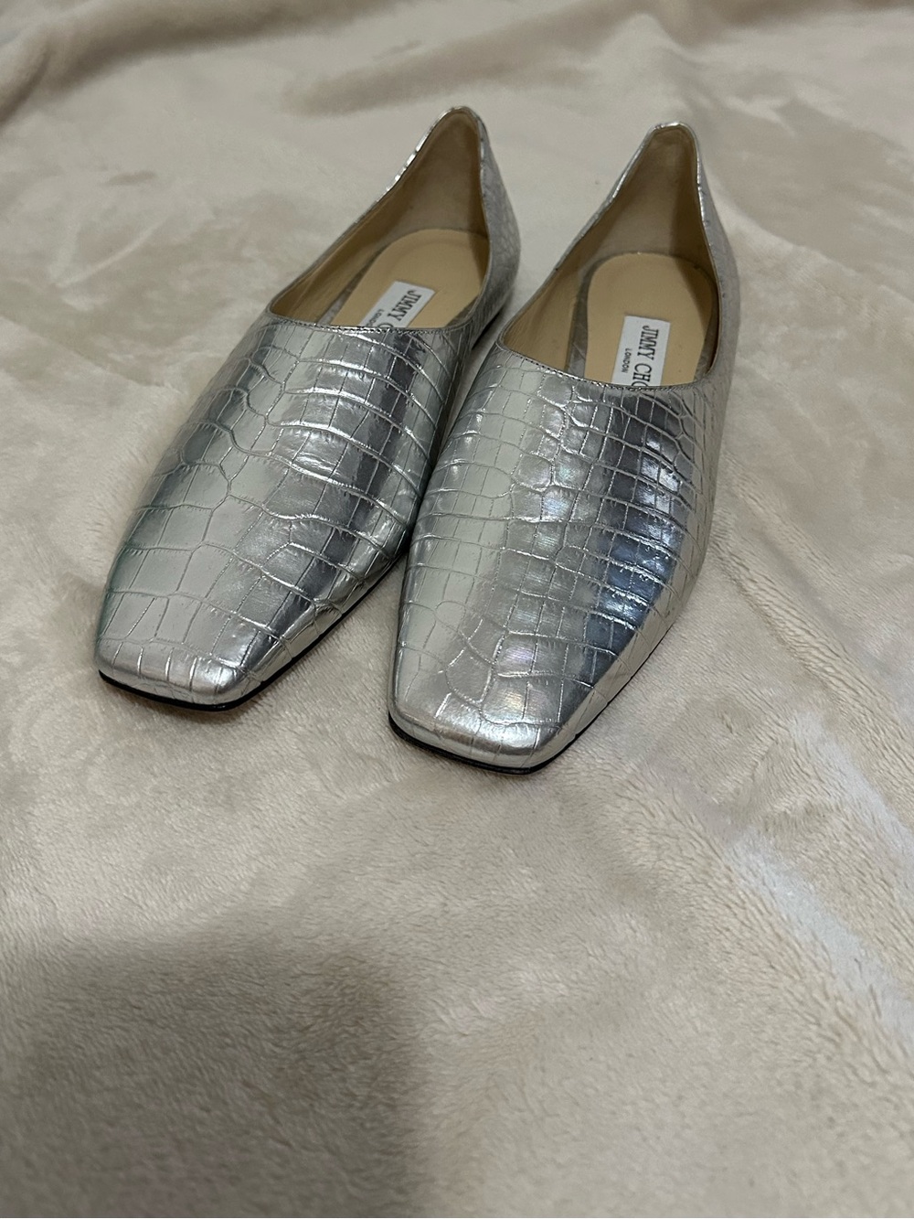 Jimmy Choo Mirele Metallic Leather Croc-Embossed Flats